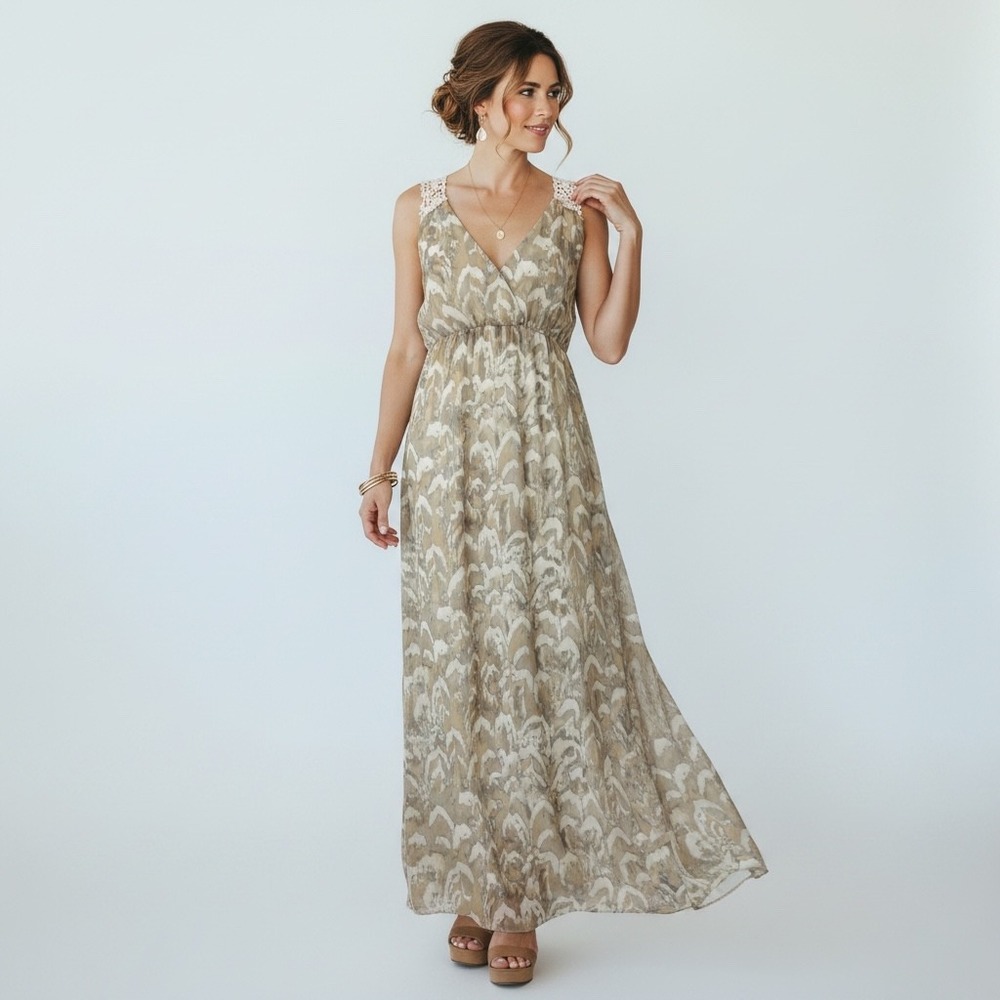 Cato Cream Beige Abstract Crochet Lace Racerback Maxi Dress Women Size 8 Boho